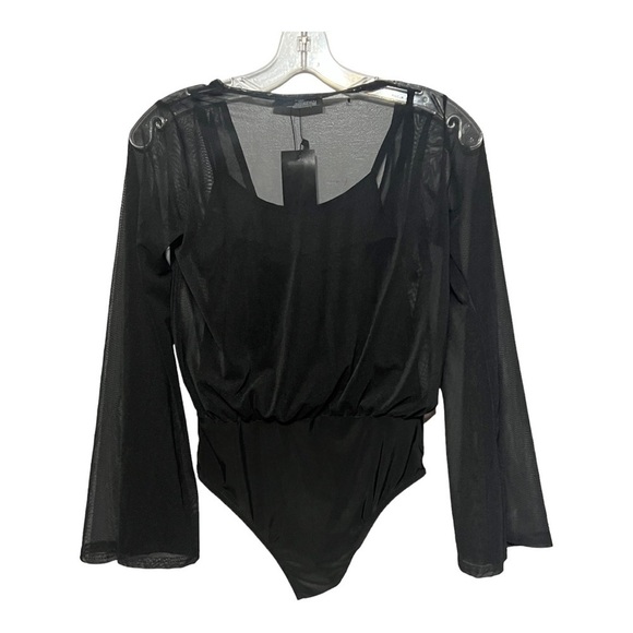 Nasty Gal Wrap Bodysuit Black Mesh Sheer Overlay Flare Sleeve Blouse Snap Size 4 - Picture 4 of 7